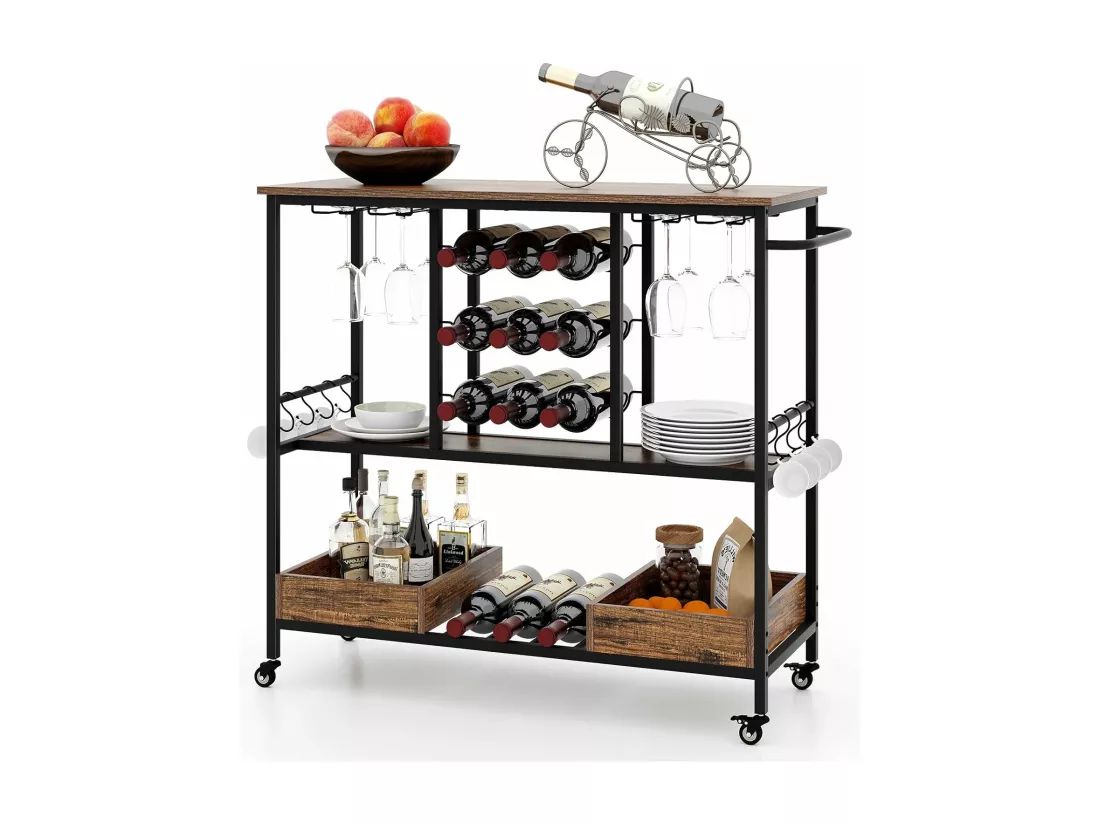 Chariot de bar 3 niveaux, desserte à roulettes, chariot à boissons (vintage brun)