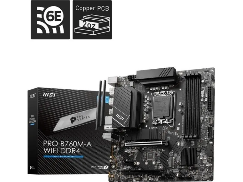MSI PRO B760M-A WIFI DDR4 - Bundkort - micro ATX - LGA1700 sokkel - B760 Chipset - USB 3.2 Gen 2, USB 3.2 Gen 1, USB-C 3.2 Gen 1 - 2.5 Gigabit LAN, Wi-Fi 6E, Bluetooth - onboard grafik (CPU påkrævet) - HD Audio (8-kanaler)