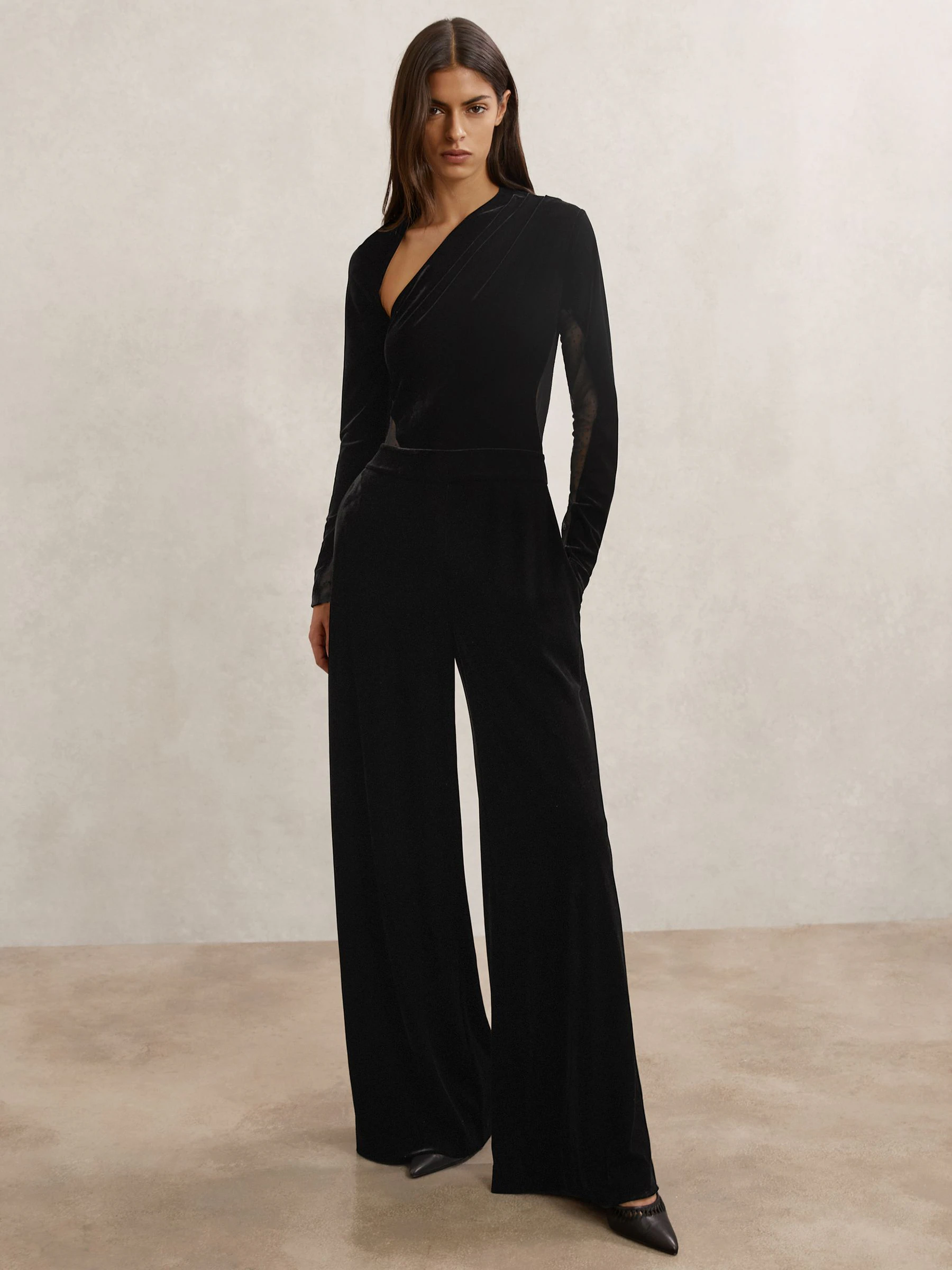Reiss Karolina Velvet Sheer-Panel Wide-Leg Jumpsuit