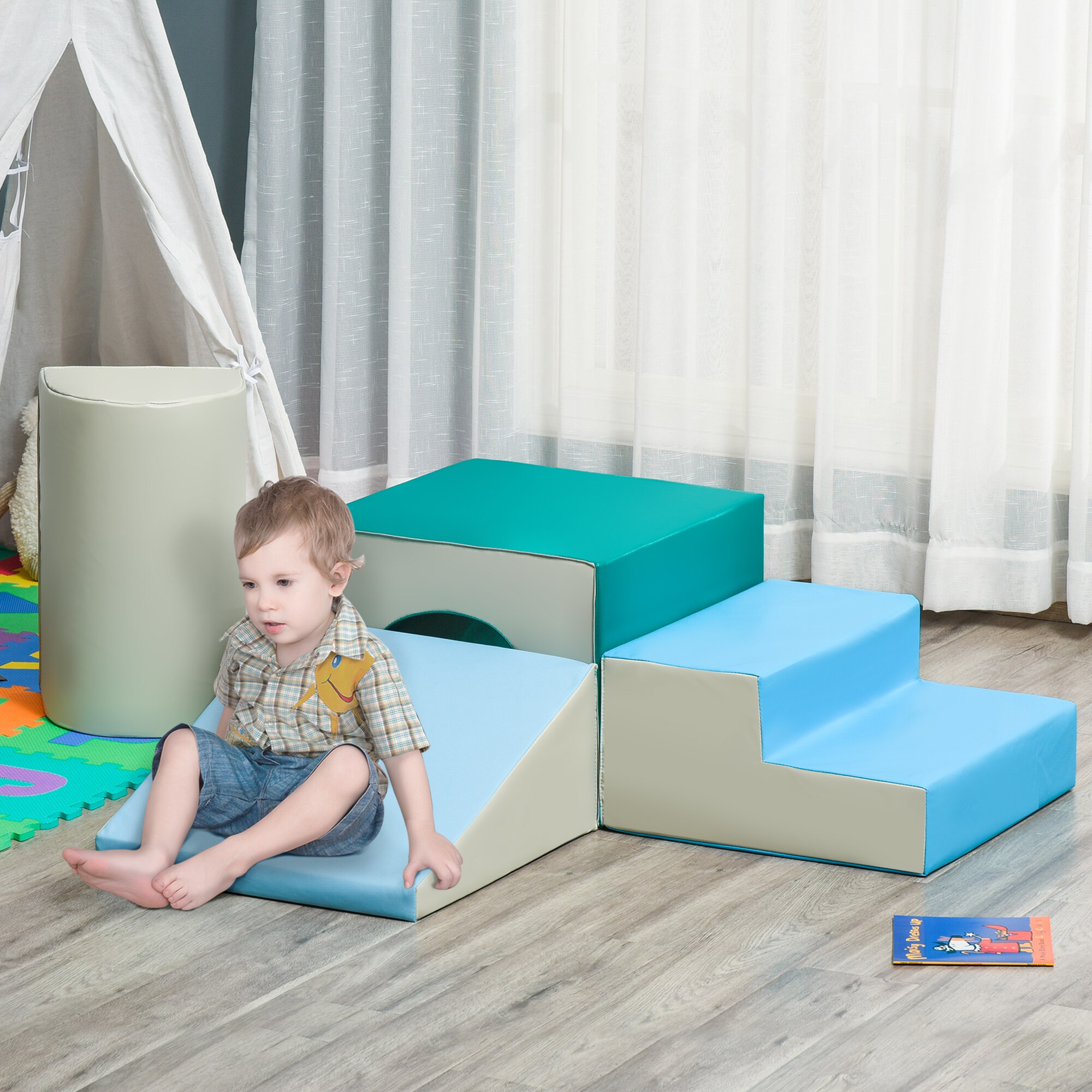 HOMCOM Bausteine 4er-Set Bausteine Schaumstoffblöcke, einfache Reinigung Hellgrau,Blau.Grün 150 x 50 x 39 cm (LxBxH)