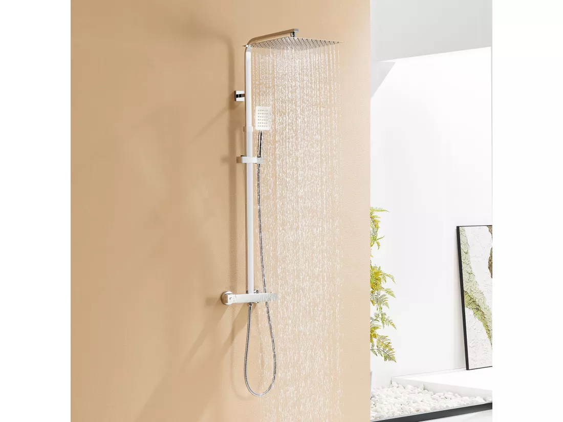 AURALUM MAX Colonne DoucheThermostatique 2 Fonctions Ensemble Douche Thermostat,Tête douche 12 pouces,Système Douche,Hauteur Réglable 96-130cm,Chromé