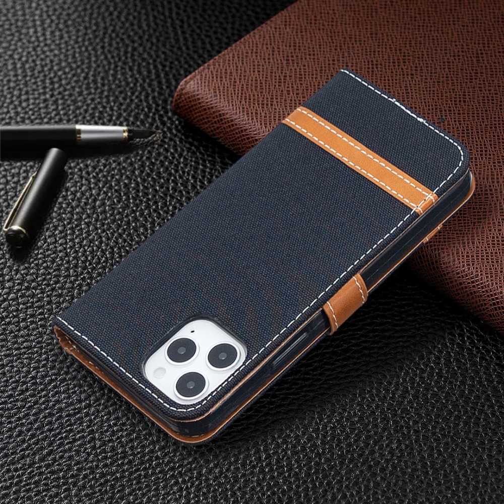 iPhone 12 / iPhone 12 Pro Stoff Tasche im Jeans Look mit Kartenfach   Magnetverschluss - Schwarz / Braun