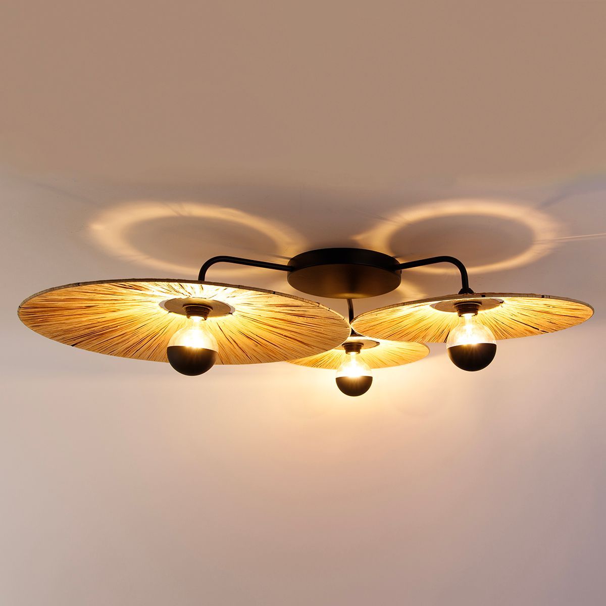 Landelijke plafondlamp zwart met touw 3-lichts - Leia