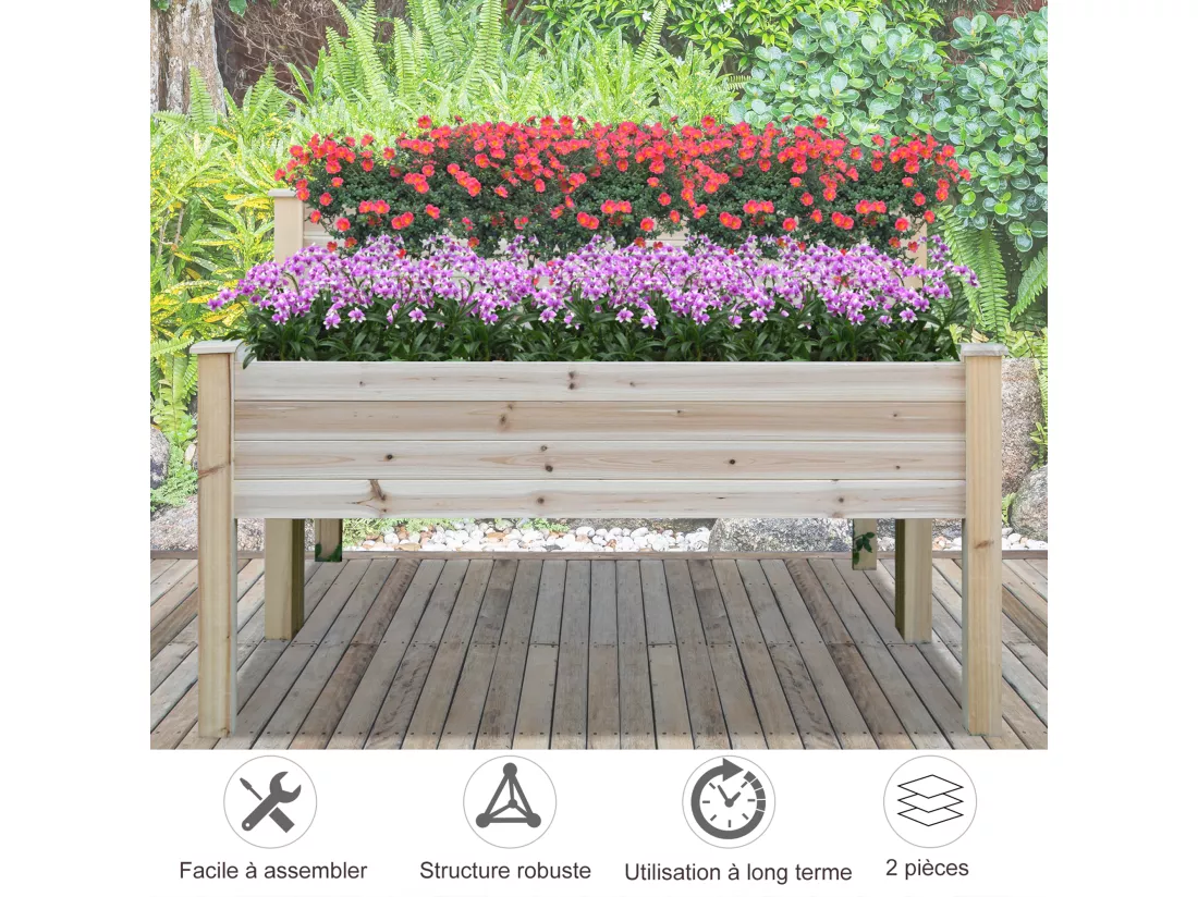 Jardinière sur pieds carré potager 2 étages dim. 115L x 114l x 76H cm inserts d'irrigation bois sapin naturel