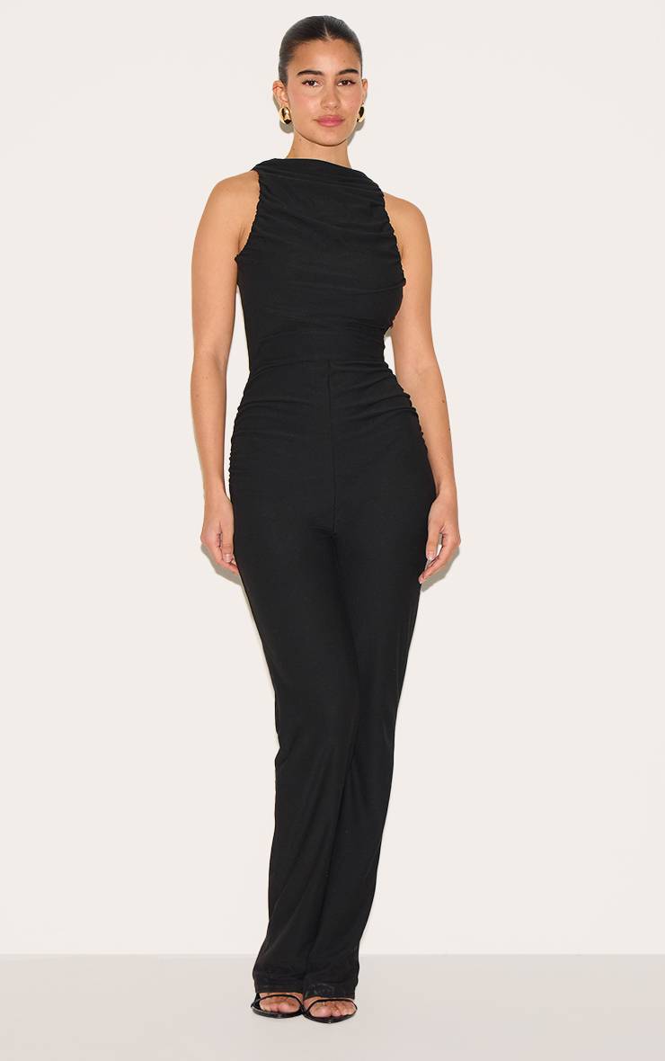 Noir Combinaison Jambe Droite Froncée En Tissu Doux Au Toucher