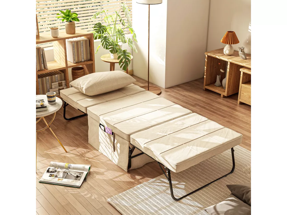 Fauteuil chauffeuse lit convertible chaise longue et pouf 4 en 1 avec dossier inclinable 5 positions 1 place - coussin et pochette rangement inclus - beige