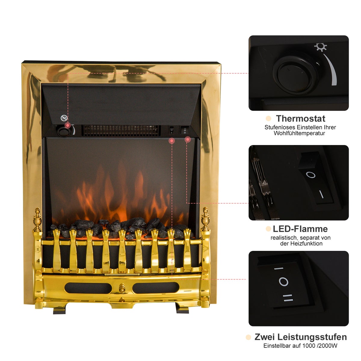 HOMCOM Elektrische haard, vlameffect, 1000/2000W, 48,2 x 18,5 x 59,2 cm, metaal en kunststof, goud