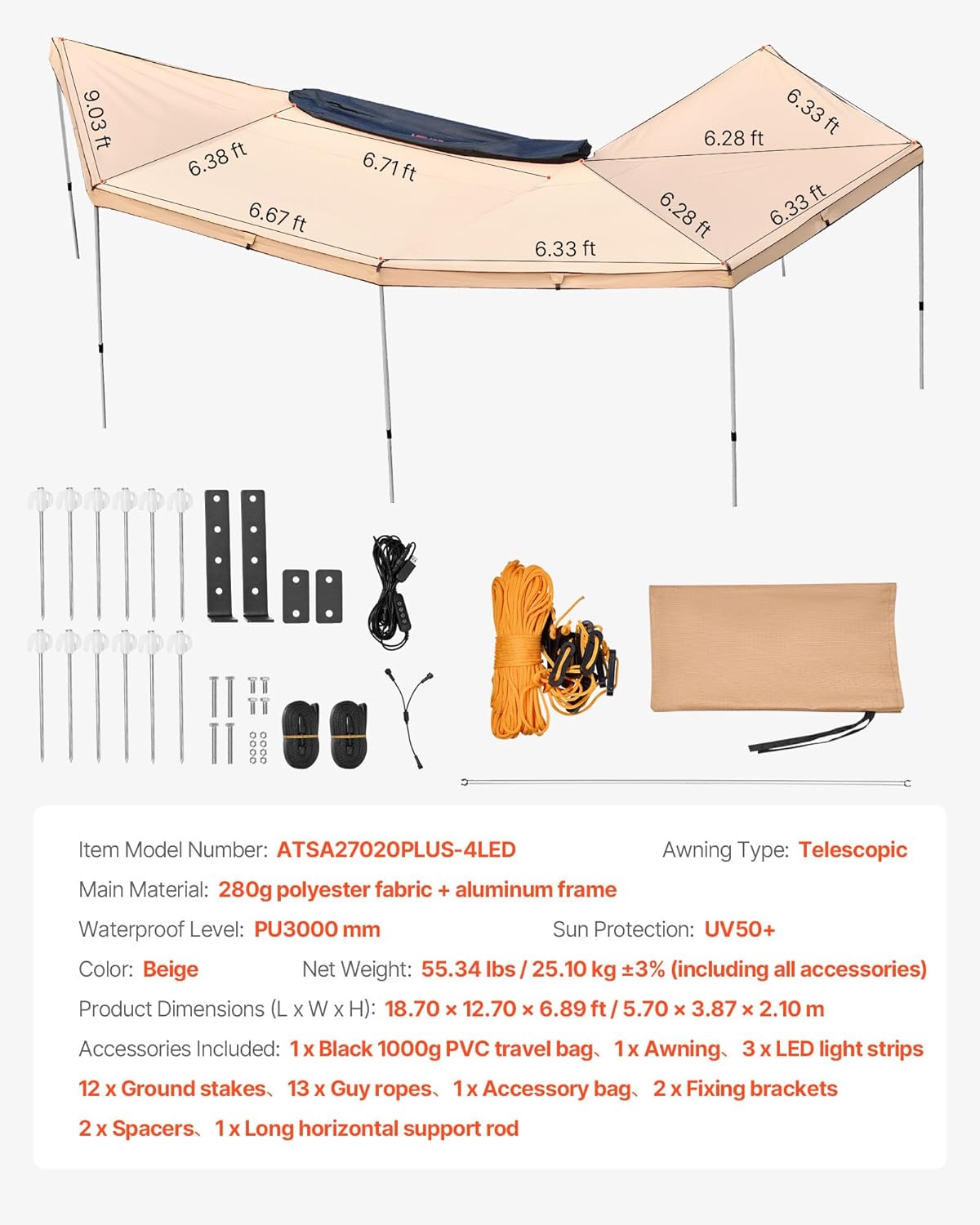 VEVOR Markise Auto, 5,7x3,87x2,1 m, 270°-Markise mit integrierten LED-Leuchten, Sonnensegel, UV50+, freistehende Allwetter-Automarkise, Sonnenunterkunft für SUV & LKW, ideal für Camping