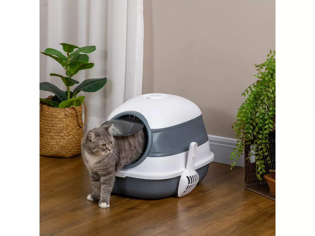 Maison de toilette pliable - bac à litière chat avec porte battante, pelle et filtre inclus - ABS PP blanc gris