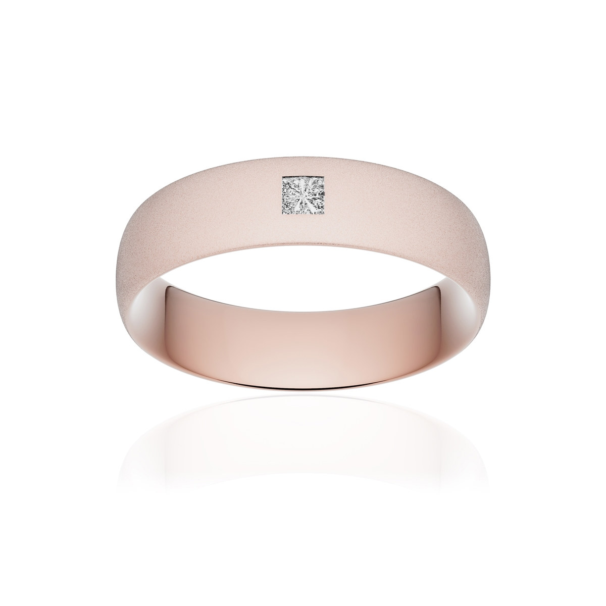 Alliance or 375 rose sablé demi-jonc confort 6mm diamant princesse