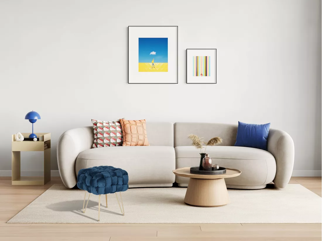 Tabouret bas en velours et métal doré - Bleu - ESMEA