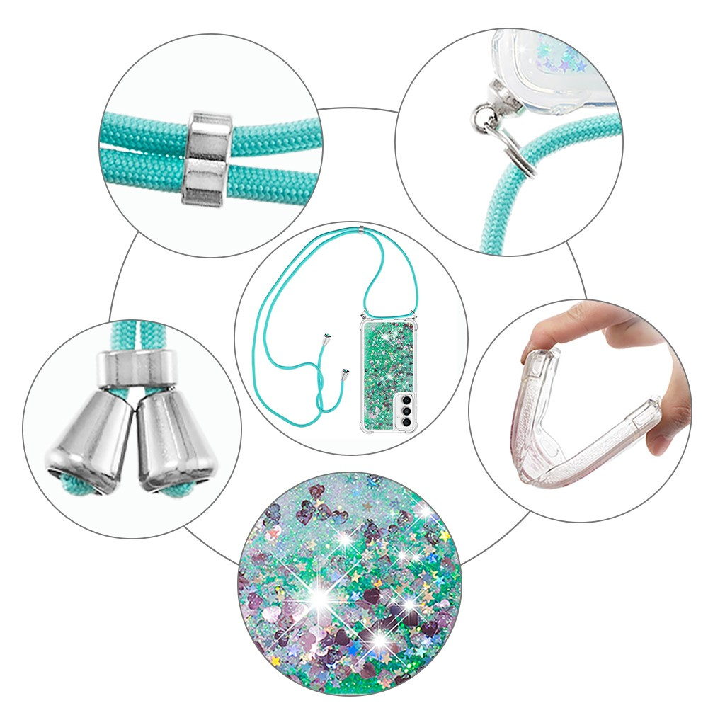 Samsung Galaxy S23 FE Necklace Gummi Hülle Liquid Glitzer   Handykette (130cm) - Grün / Silber