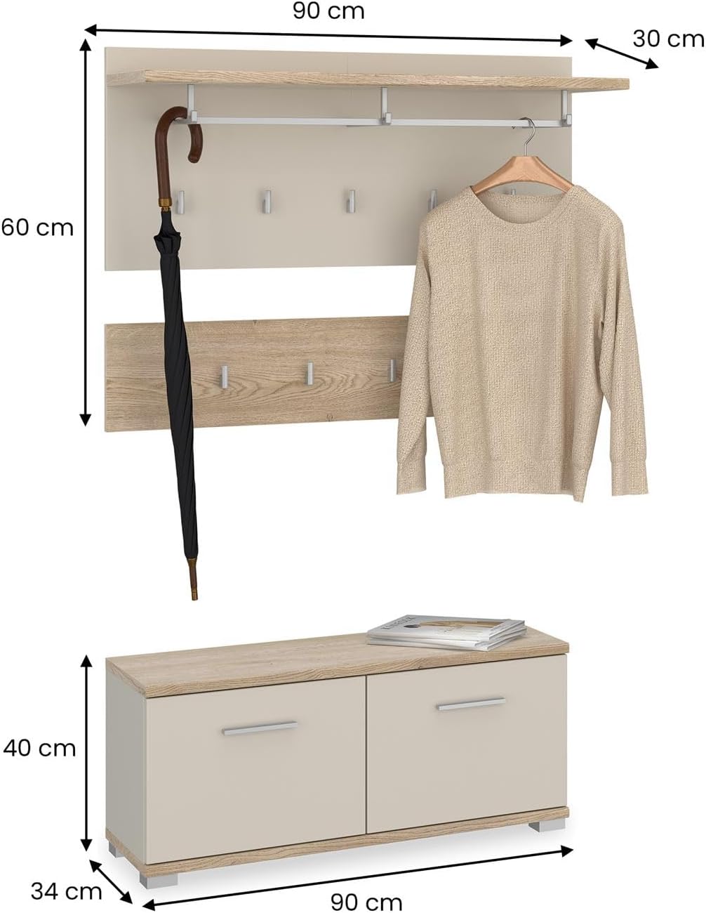 IDIMEX Garderobenset Bilbao 3-teilig, Cremona Eiche/Kaschmir, ideal für Flur und Eingangsbereich, mit 9 Haken, Kleiderstange, Hutablage und Schuhbank