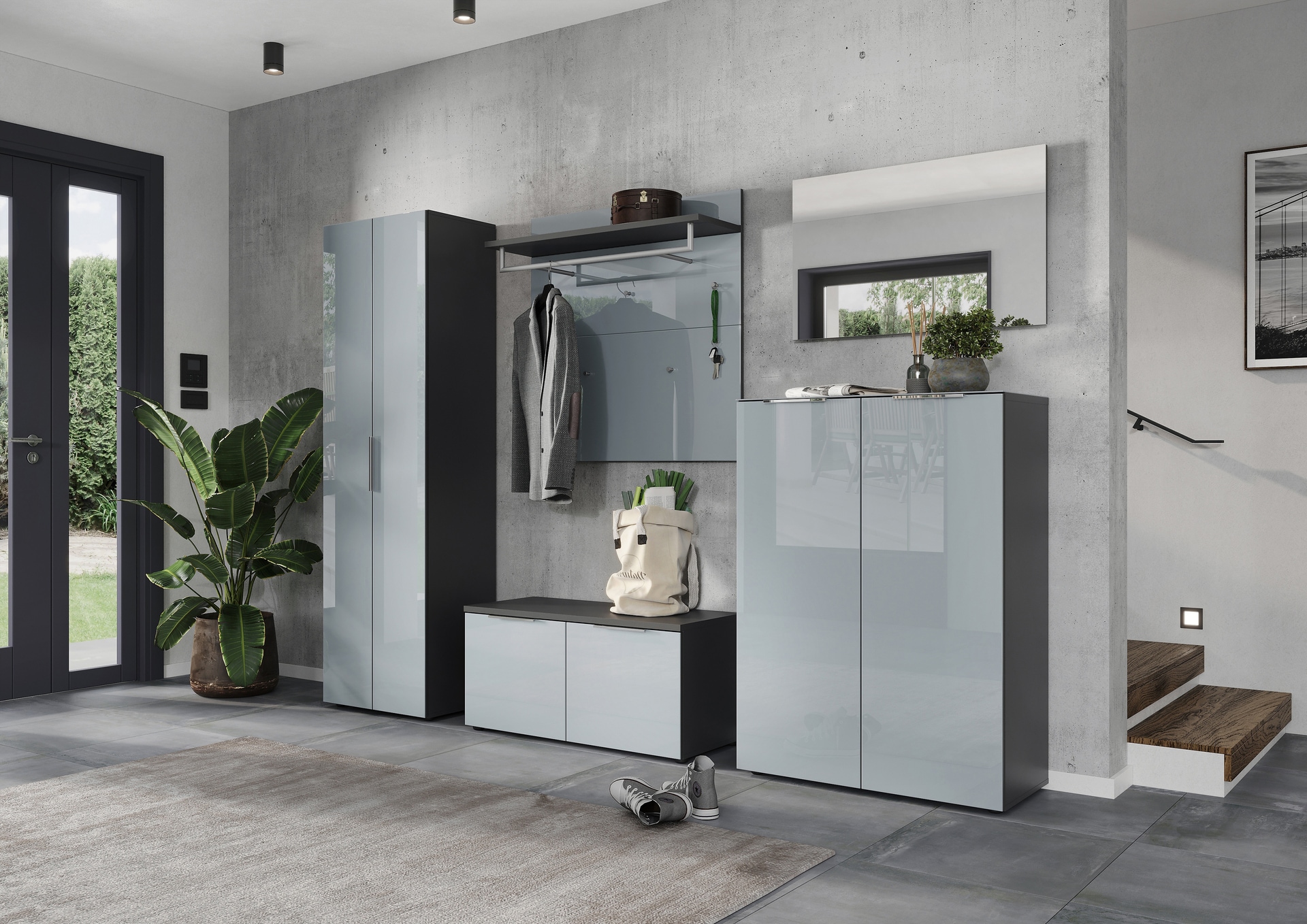 Garderobenschrank LEVIN 59 x 197 cm Glasfront Silbergrau/Graphit