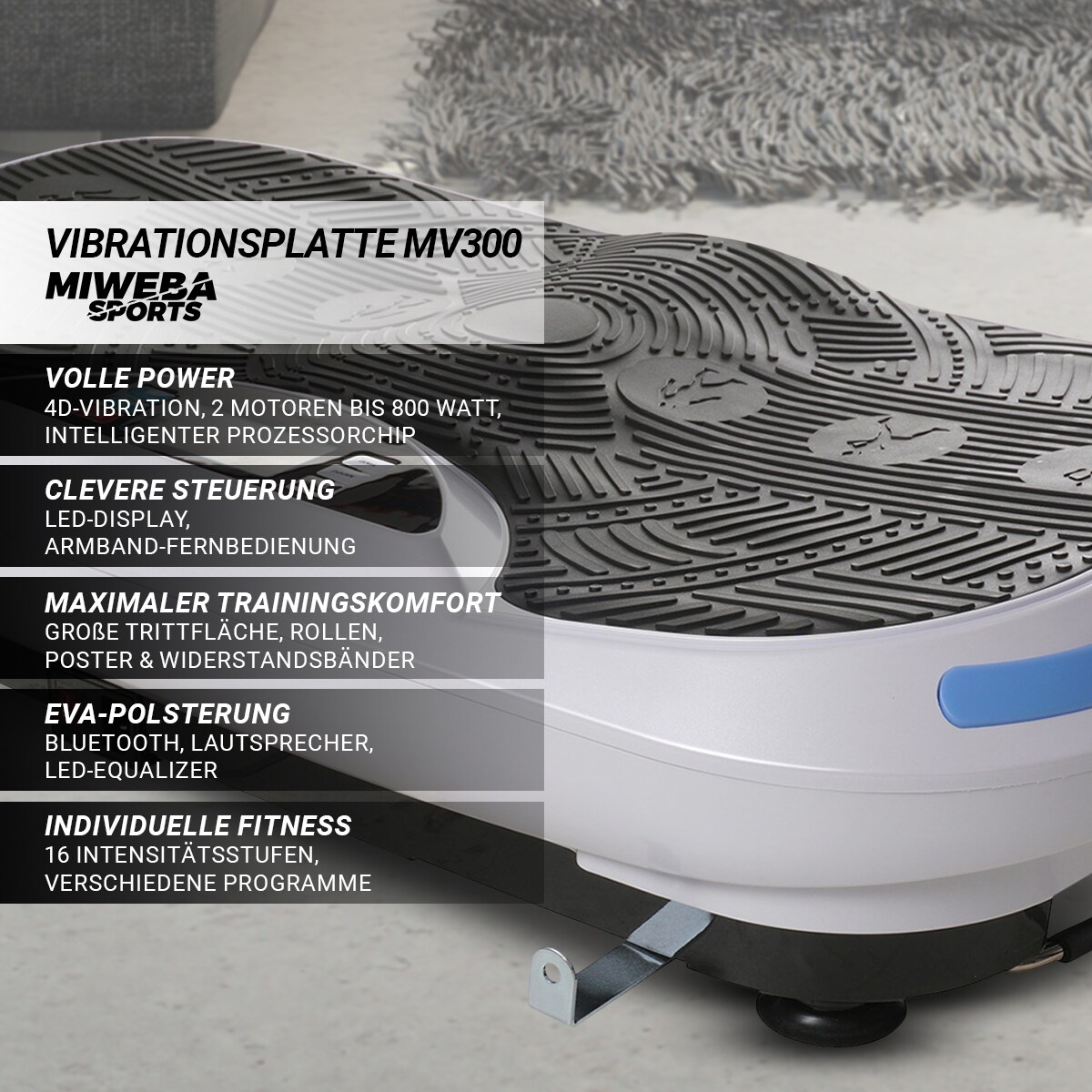 Miweba Sports Vibrationsplatte MV300, 4D-Wave-Vibration, Fernbedienung, Bluetooth, 16 Stufen, LED (Weiß)