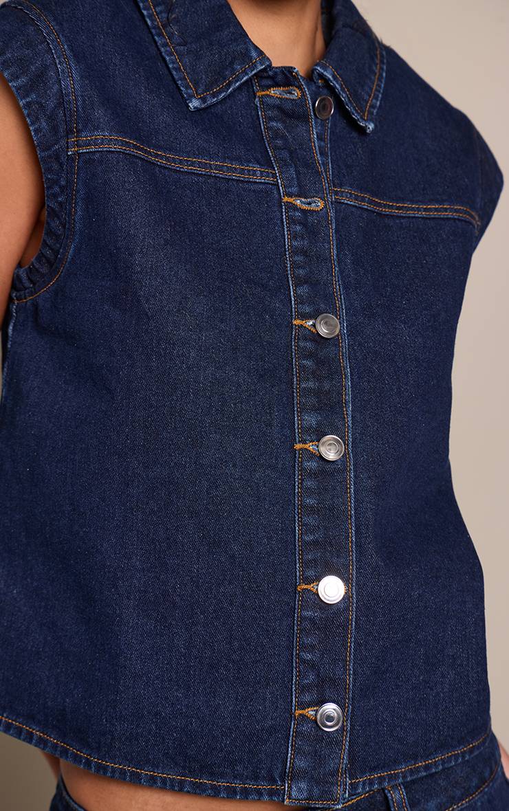 Bleu Indigo Haut En Denim À Boutons Avec Épaules Structurées
