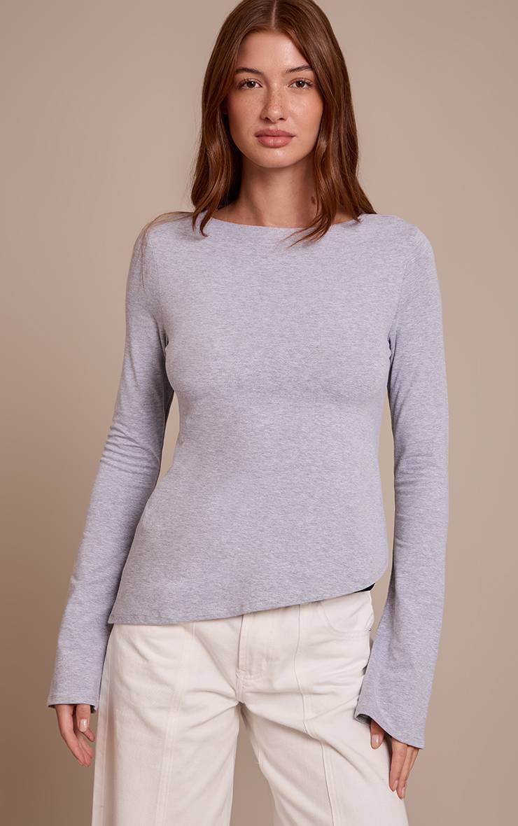Gris Chiné Haut En Coton À Manches Longues Évasées Et Ourlet Asymétrique