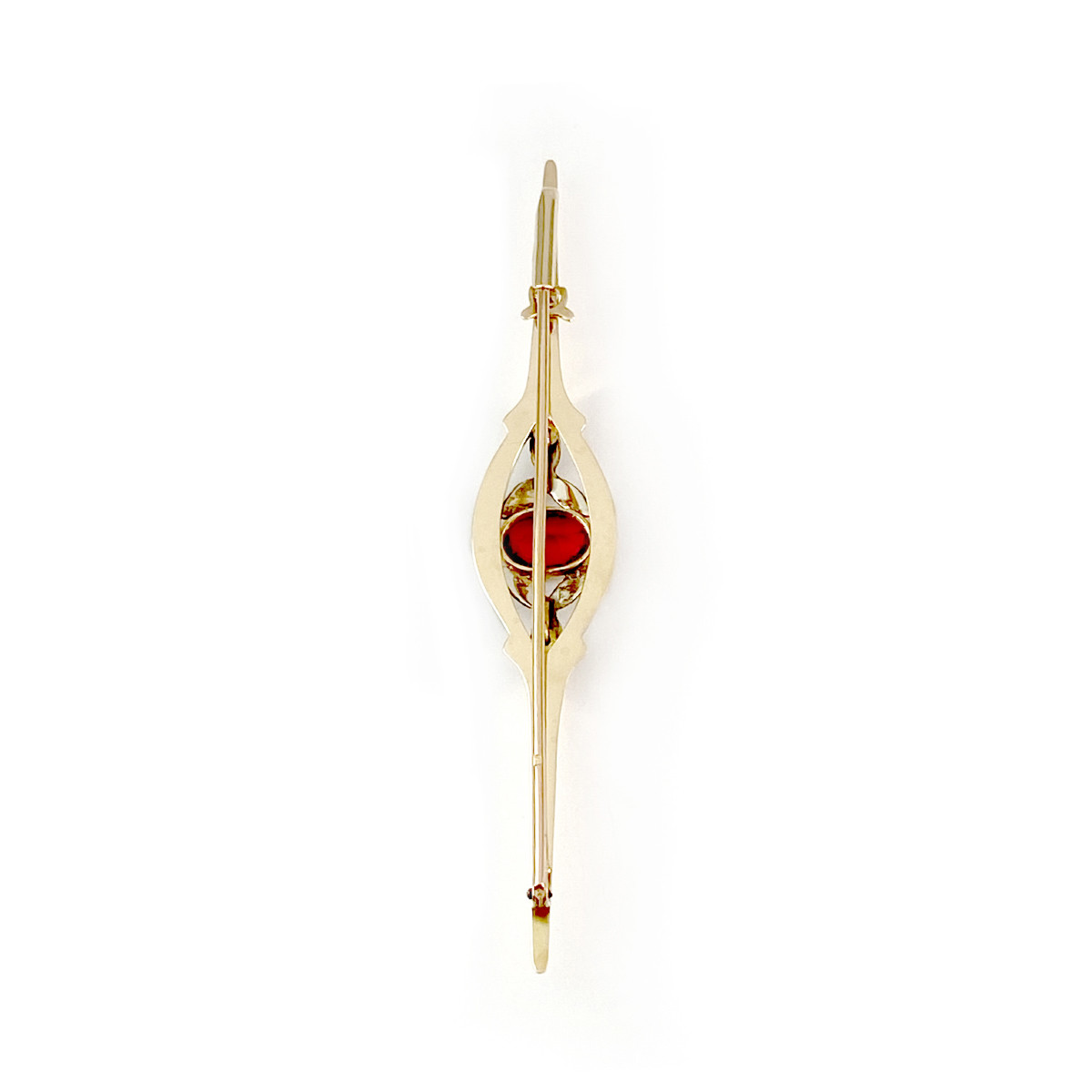 Broche d'occasion or 750 2 tons doublet grenat verre