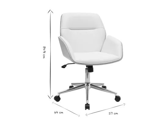 Chaise de bureau à roulettes design blanc, bois clair et acier chromé MARLOW