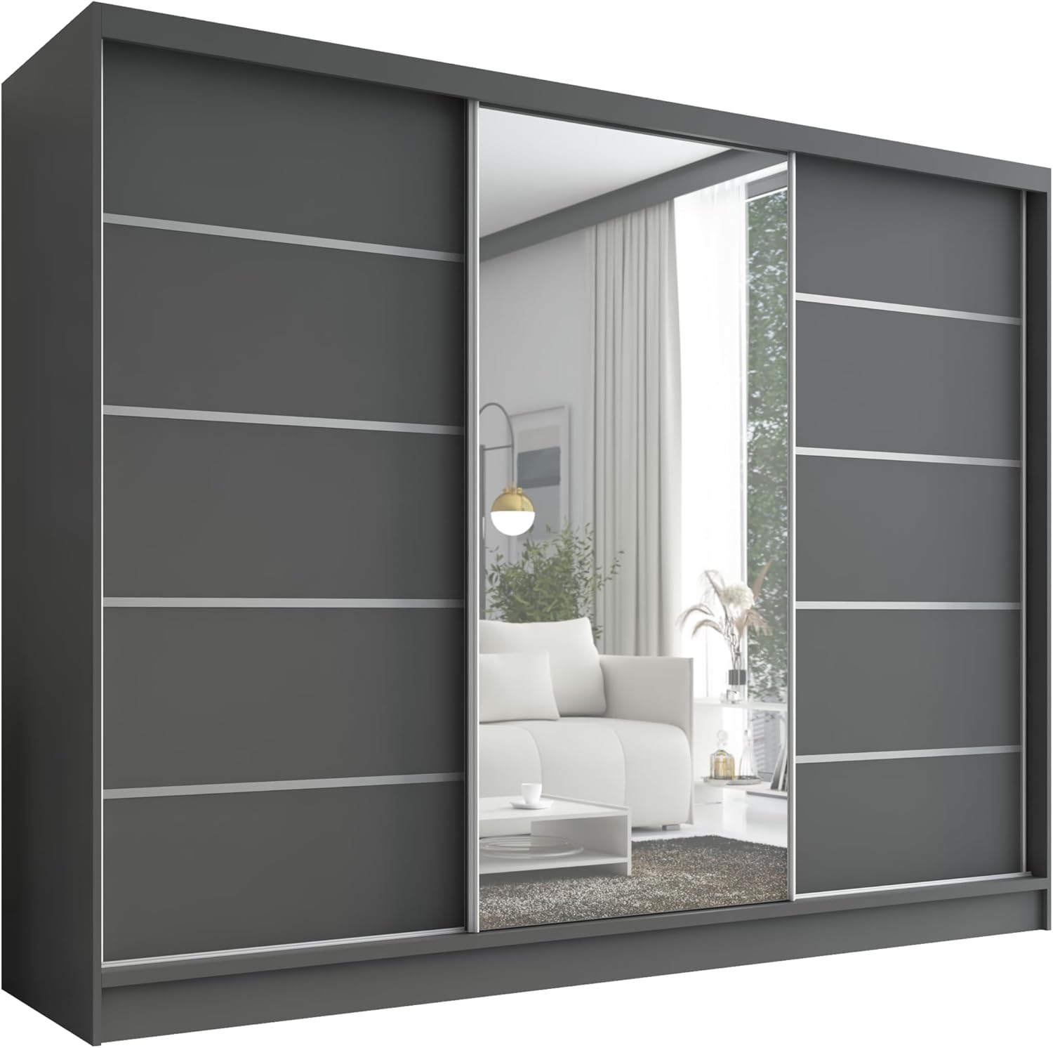 A&J MöbelLand Kleiderschrank Aurelia 1 – Schwebetürenschrank 200 cm breit mit Spiegel, 3-türig, Kleiderschrank mit Schubladen, Schiebetürenschrank für Schlafzimmer oder Garderobe