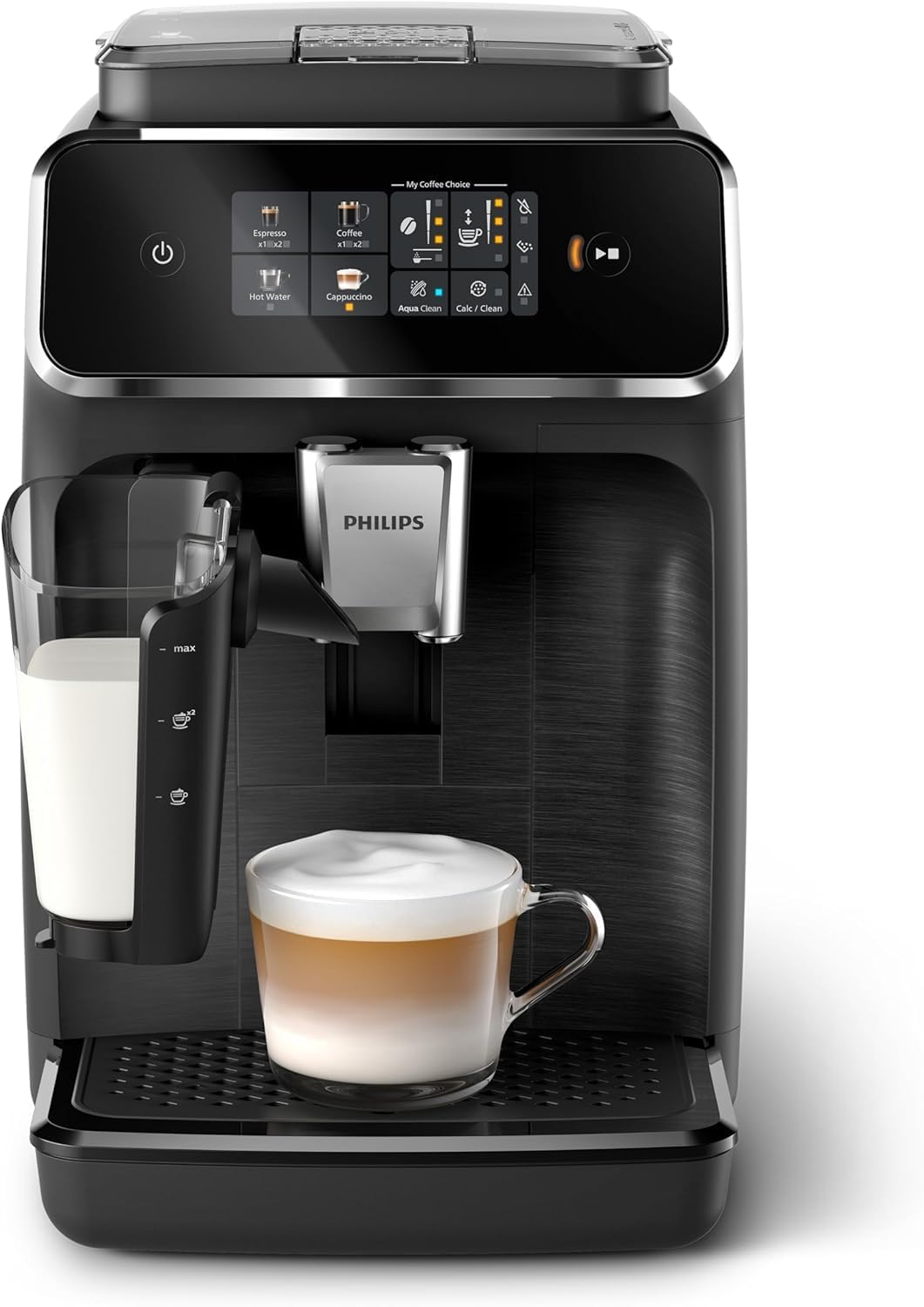 2300 Series Kaffeevollautomat - 4 Getränke, Modernes Farb-Touchscreen-Display, LatteGo-Milchsystem, SilentBrew, 100% Keramikmahlwerk, AquaClean Filter. Mattschwarz (EP2330/10)