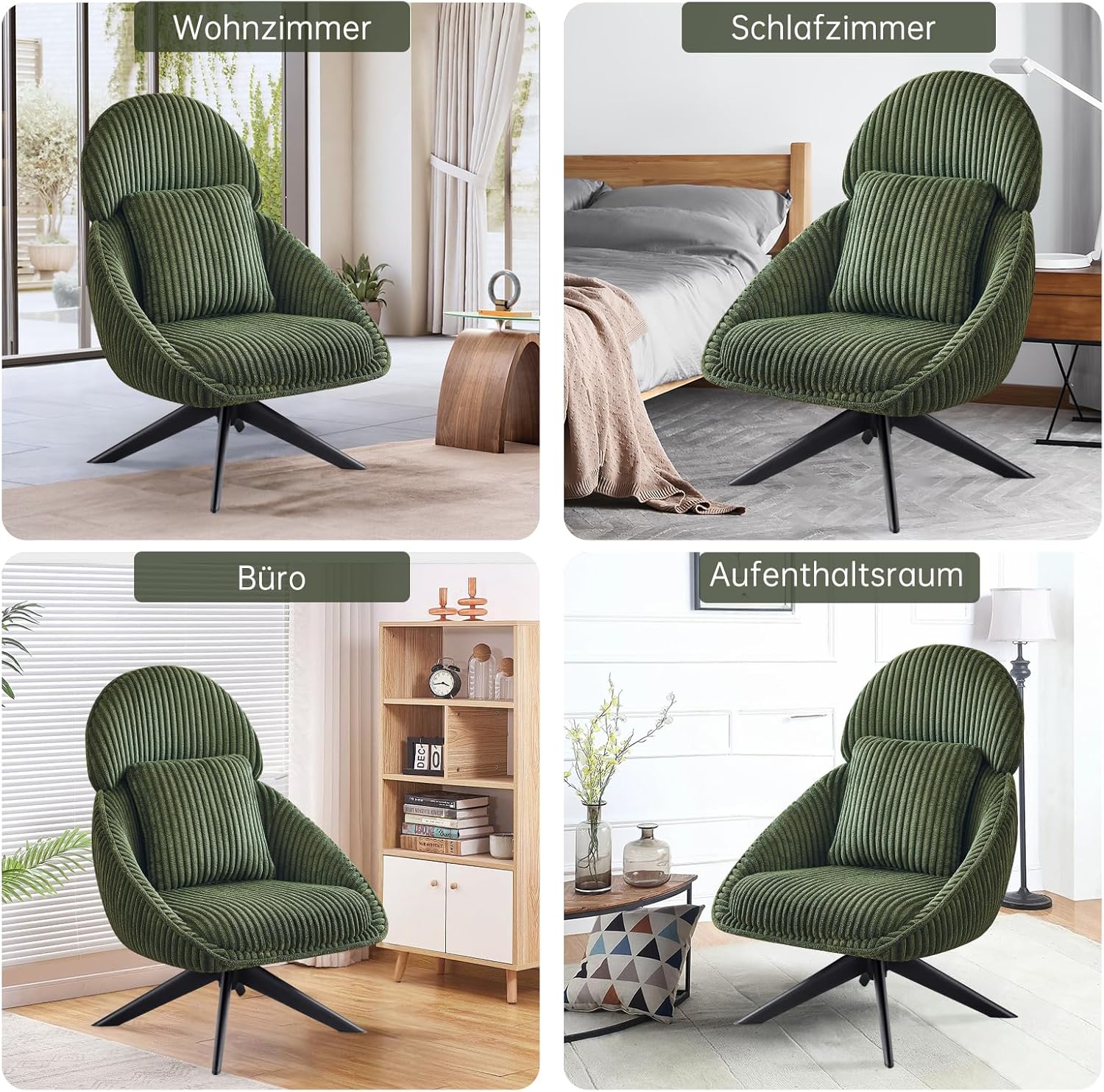 Loungesessel Sessel Wohnzimmer 360°Drehbar, Ohrensessel Armlehnstuhl Polsterstuhl mit dickem Abnehmbares Wurfkissen, Relaxsessel Lesesessel für Wohnzimmer Schlafzimmer Büro, Grün