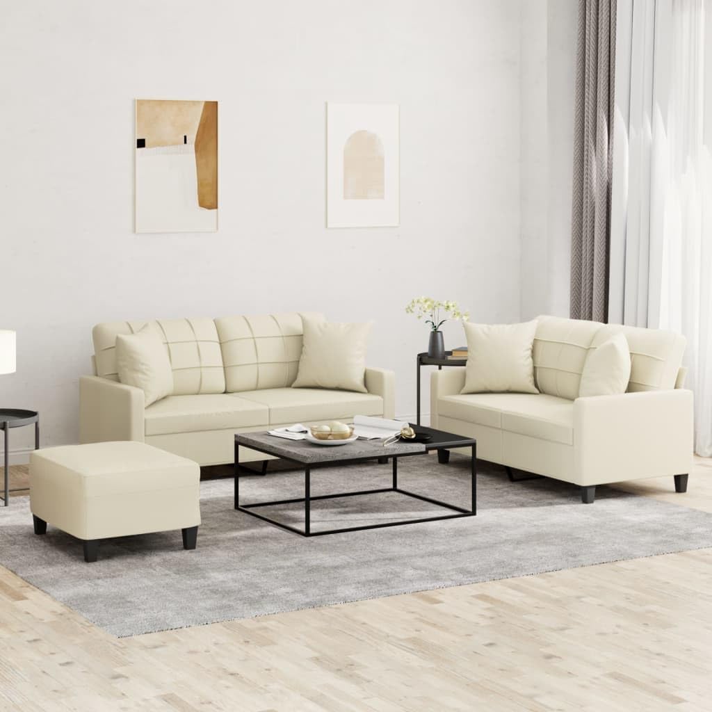 2 Sitzer(120cm) + 2 Sitzer Sofa (140cm) +Fußhocker mit Kissen Couch Loungesofa Sessel Kunstleder Creme