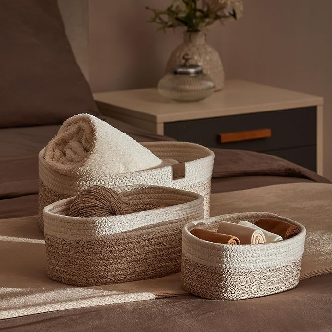 (3er Set) Baumwollseil Home Organizer Korb Deko Aufbewahrungs Tasche für Spielzeug / Accessoires - Braun / Weiss