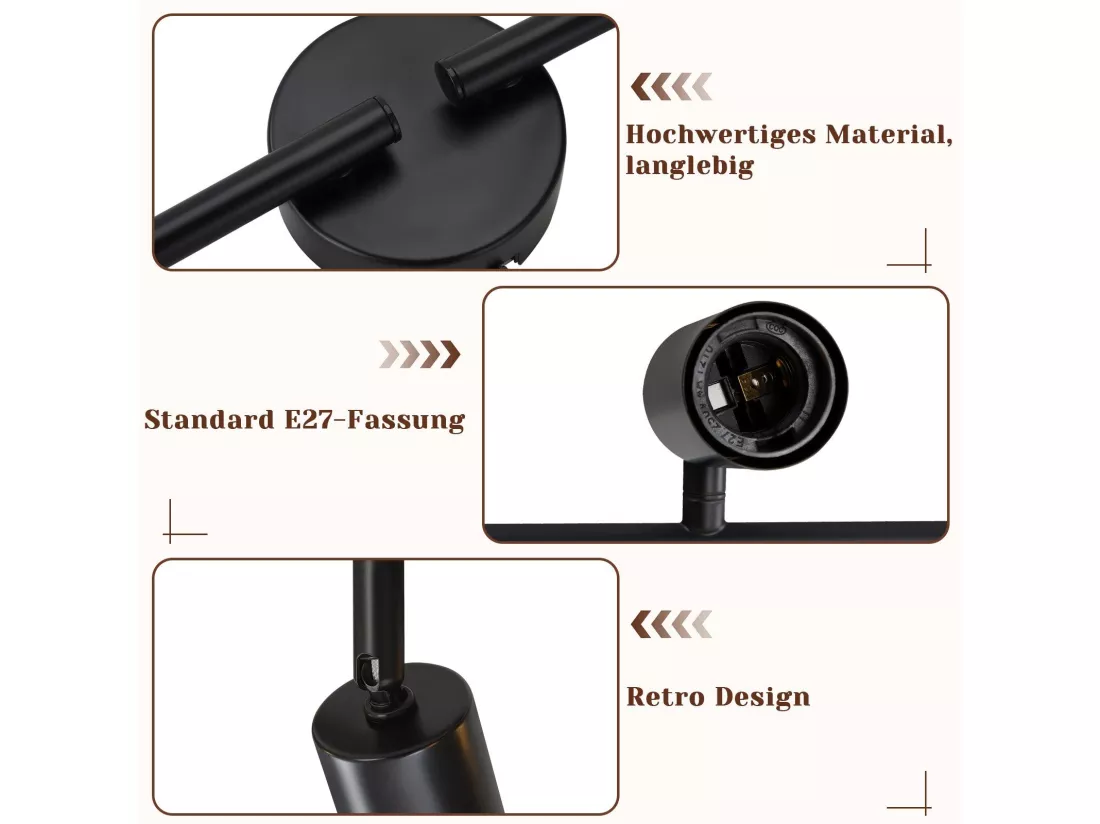NETTLIFE Plafonnier Spot de Plafond Noir E27 Couloir Vintage Pivotant 350° Lampe de Cuisine Industrielle pour Cuisine Salon Chambre (sans Ampoule)