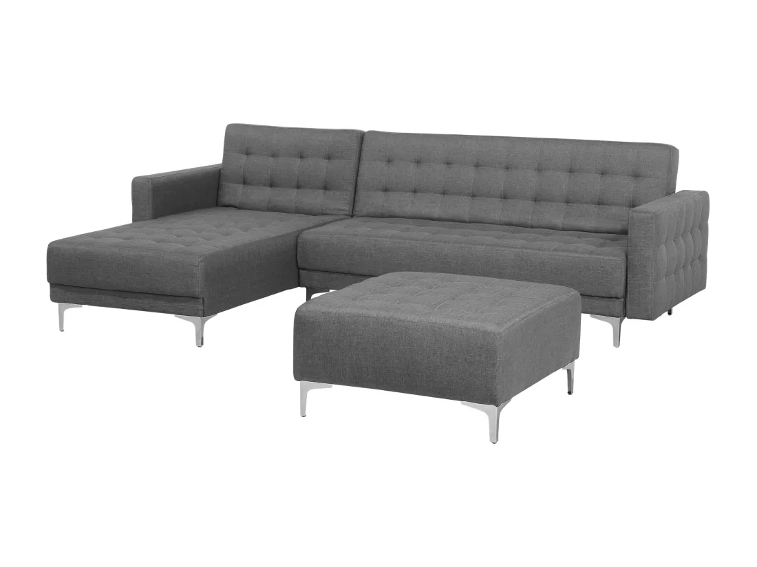 Canapé angle gauche convertible en tissu gris clair 4 places avec pouf ABERDEEN