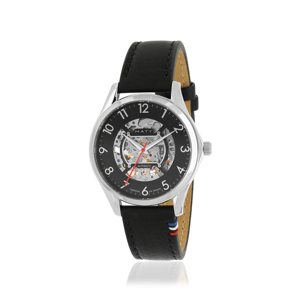 Montre homme squelette automatique acier bracelet cuir noir