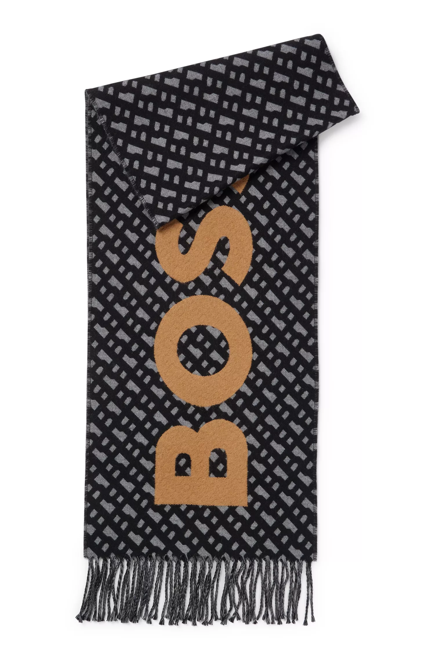 Cachecol BOSS preto com franjas, logotipo e monogramas.