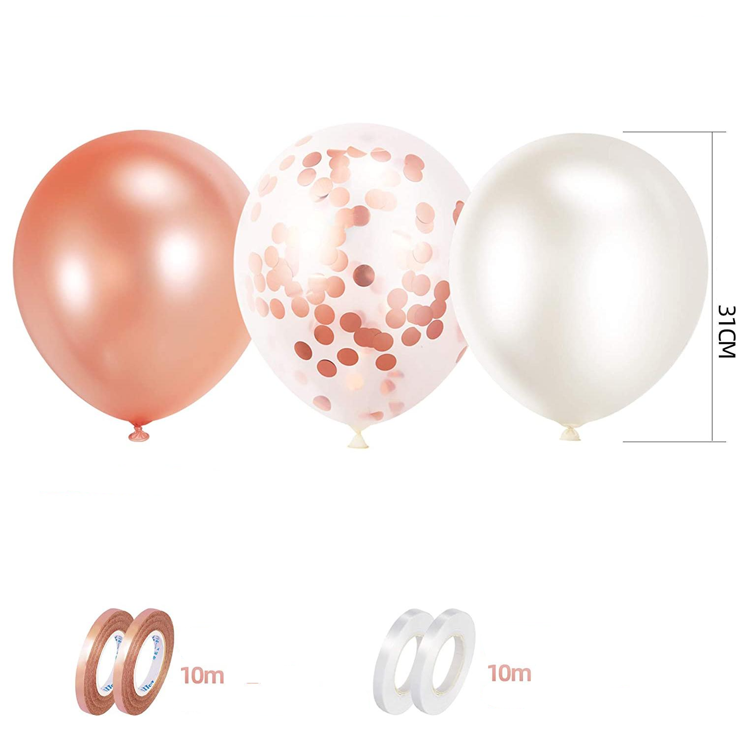 (70er Set) Party Deko Ballons Latex Luftballons mit Konfetti - Roségold / Weiss