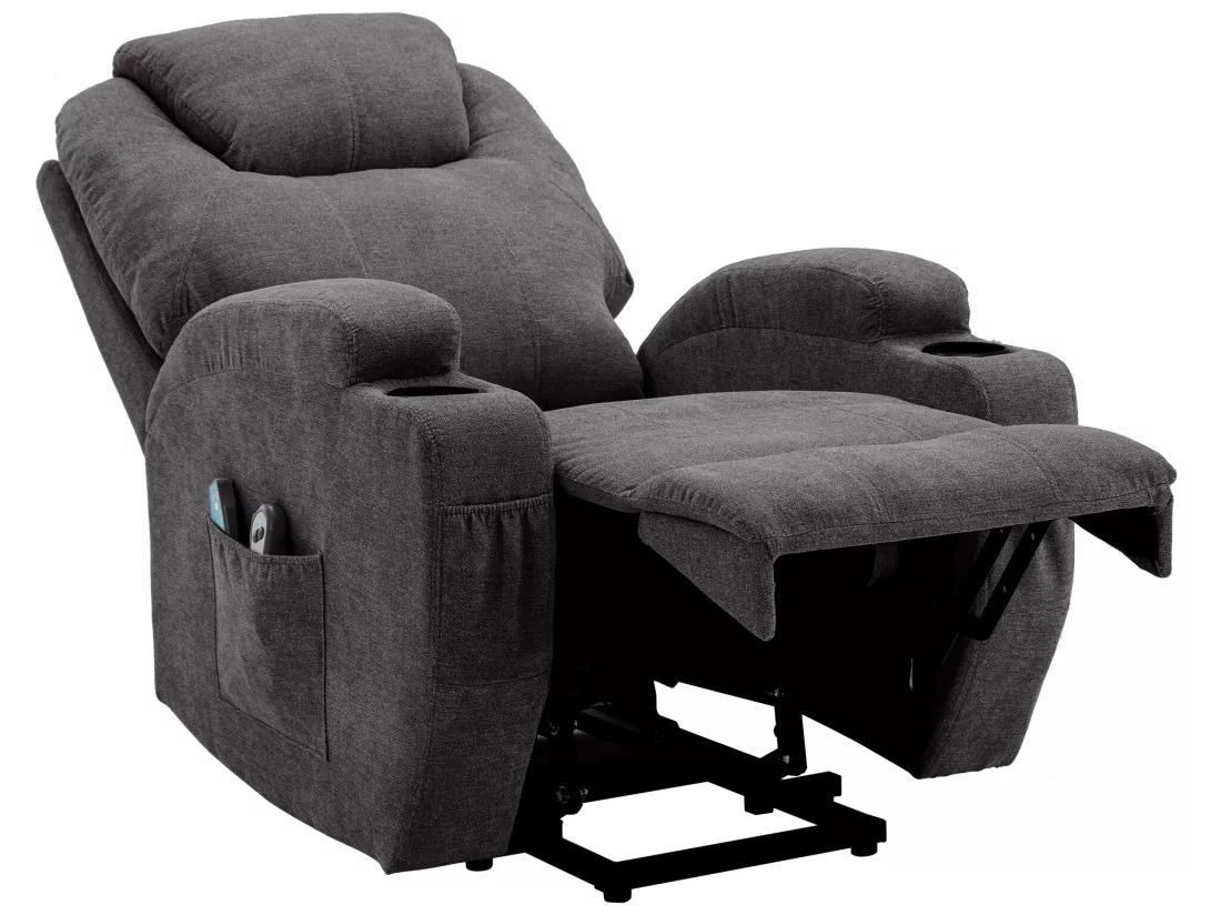 Fauteuil relax électrique avec fonctions de chauffage et de vibration - 2 porte-gobelets et poches latéralles - Gris
