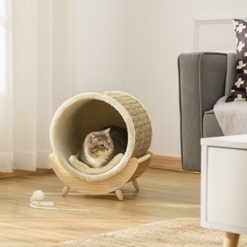 Cama elevada de madeira para gatos PawHut com toca
