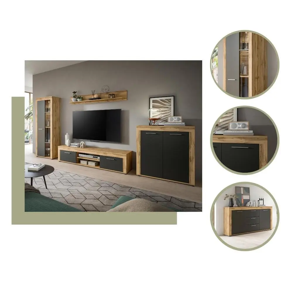 Hioshop Jam dressoir 2 deuren- grijs- eiken decor