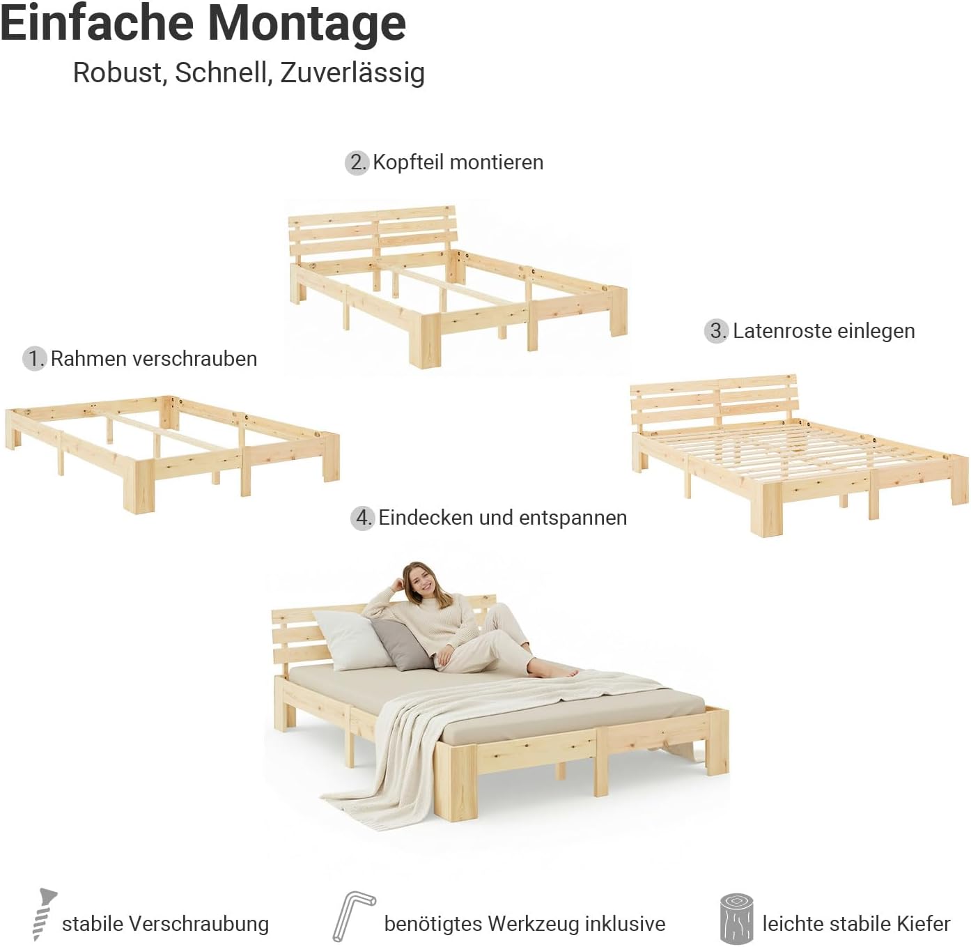 Homestyle4u Holzbett 140x200 mit Lattenrost Massivholzbett Natur Kiefer Doppelbett