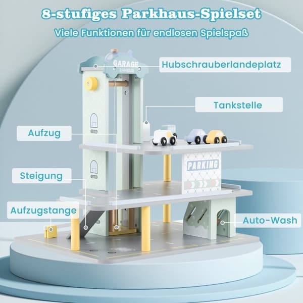 Parkeringshus i tre med 3 etasjer og 4 biler og heis parkeringshus bilgarasje leketøy for barn fra 3 år.
