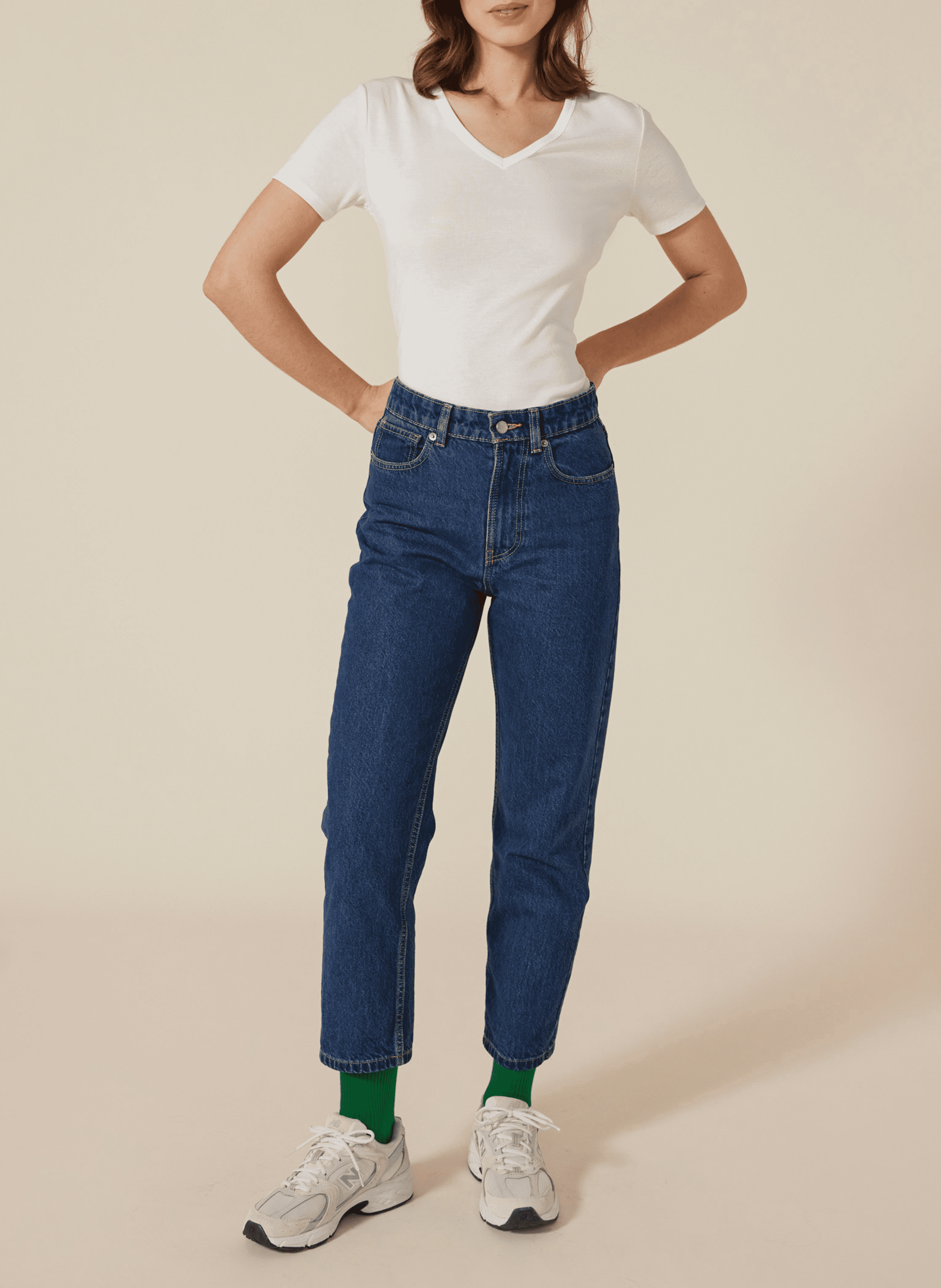 Tee-shirt droit à col V en coton| Blanc