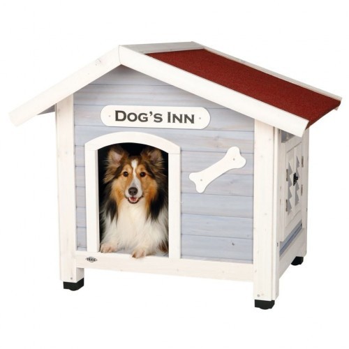 Casinha de cachorro de madeira com telhado de duas águas, cor cinza.