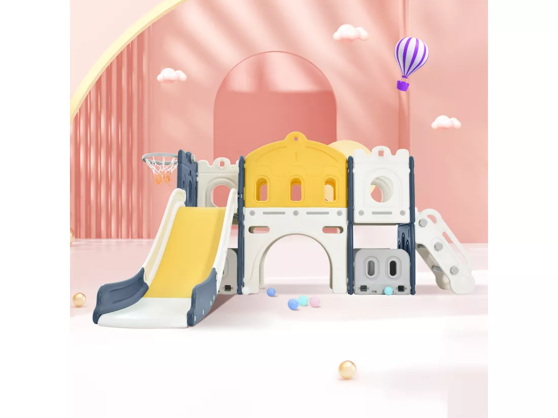 Toboggan en forme de château avec escalade, tunnel, espace de rangement et panier de basket - bleu