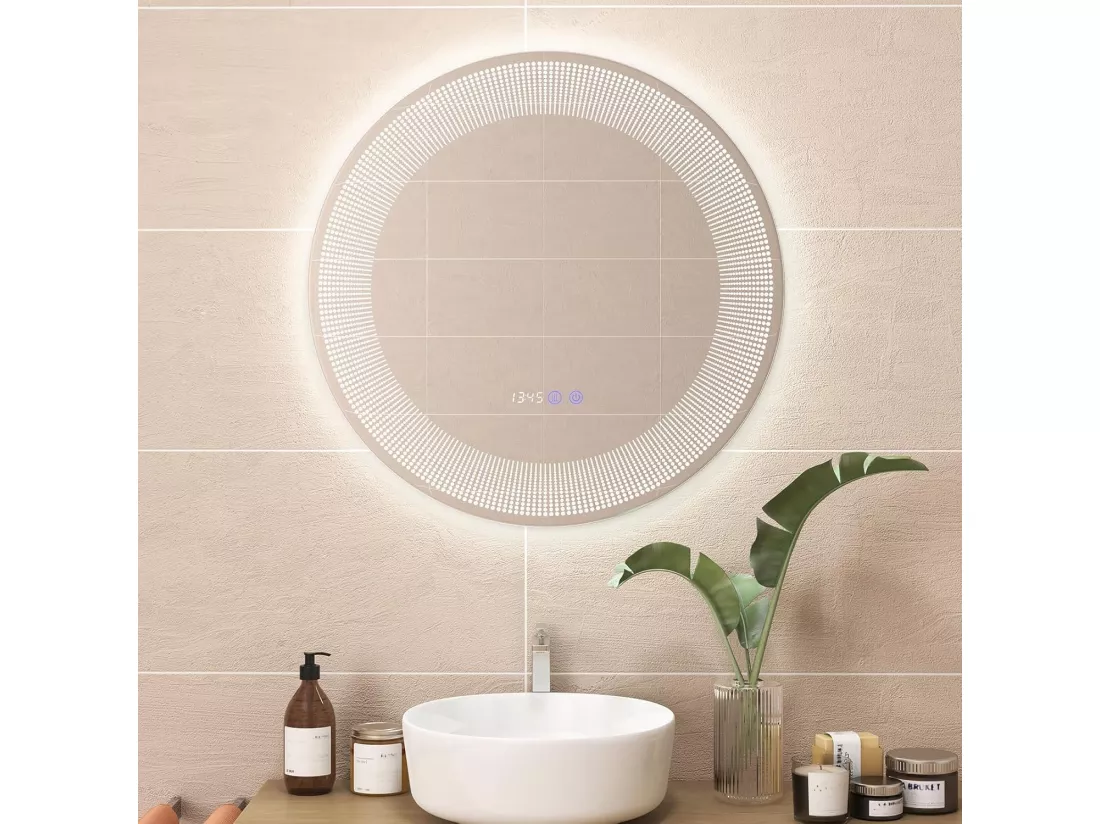 Miroir Salle de Bain LED à 3 Couleurs & Luminosité Réglable, Miroir Mural Anti-Buée, Miroir Lumineux avec Interrupteur Tactile et Fonction Mémoire, Affichage Temps/Température, IP44, Ø 60 CM