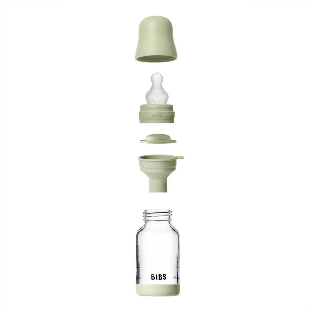 BIBS Glazen Babyfles - 120 ml - Sage - met silicone speen en opvouwbare trechtertje