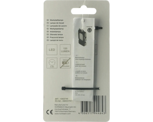 LED-werklamp met magneet, 120 lm, bereik 65 m, verlichtingsduur 7/3,5 uur, 122x65x22 mm