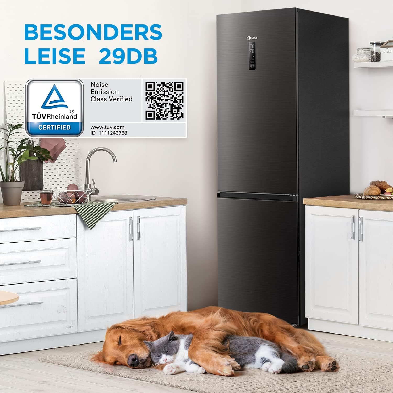 Midea MDRB521MGA28O Kühl-/Gefrierkombination/NoFrost/Inverter Kompressor/Metal Cooling/Niedrigtemperaturzone/180° Verstellbare Gefrierfach-Schublade/201 cm hoch/256 L Kühlteil/122 L Gefrierteil
