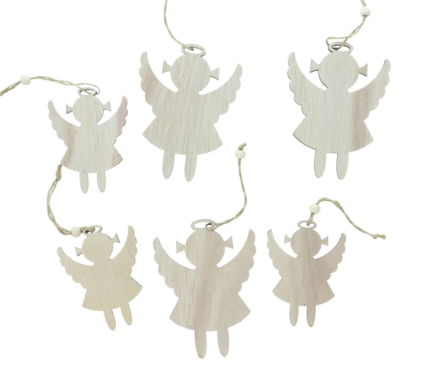 FRANK FLECHTWAREN | Hangende engelen, set van 6, H: 10 cm, H: 13 cm, HOUT, KOORD