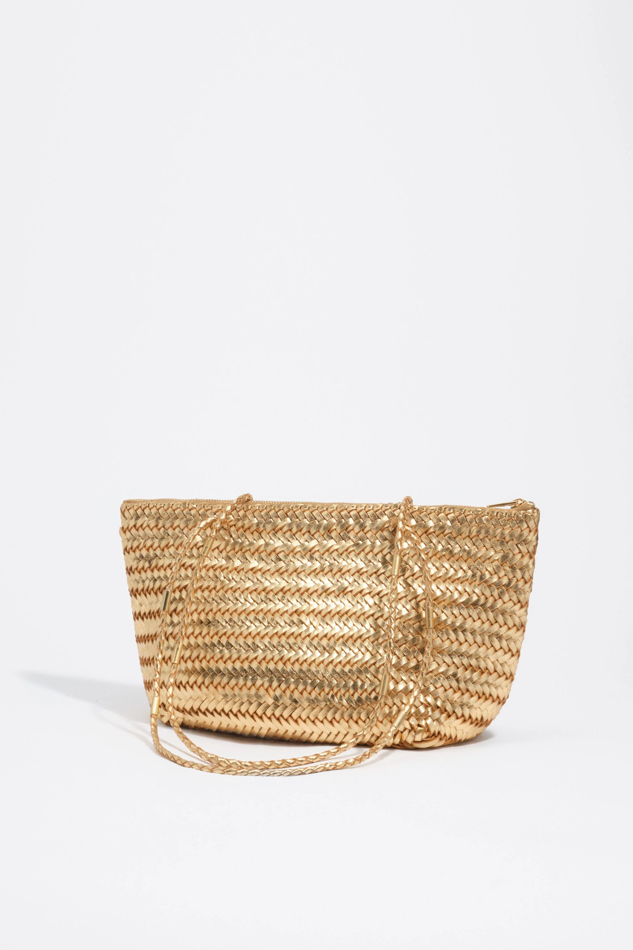 Bolsa de compras média em couro trançado dourado