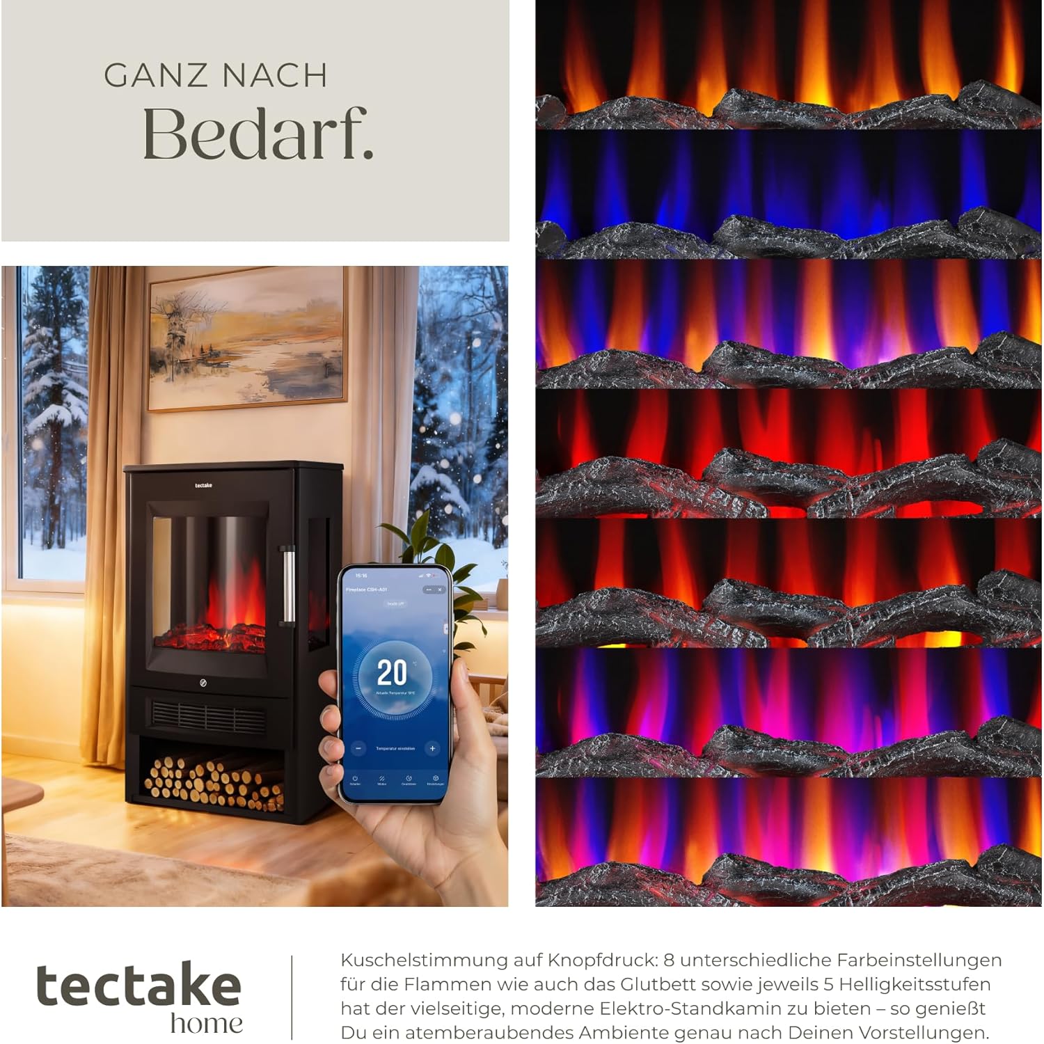tectake® Elektrokamin mit 2 Heizstufen 900W/1800W, elektrischer Kamin mit 3D-Flammeneffekt Kaminfeuer in 8 Farben, Kamin mit Fernbedienung und Tuya-App-Steuerung, Timer, Elektro Kamin, schwarz