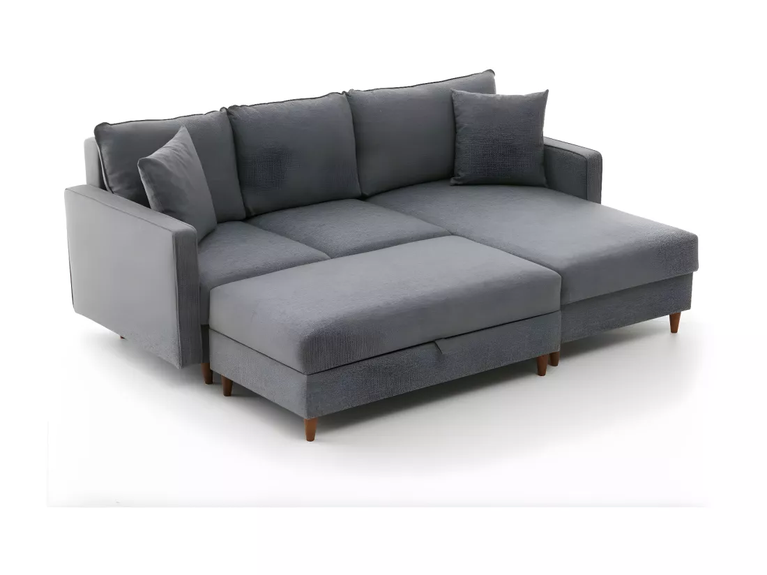 Canapé d'angle à droite convertible avec pouf-coffre Evania Tissu Gris