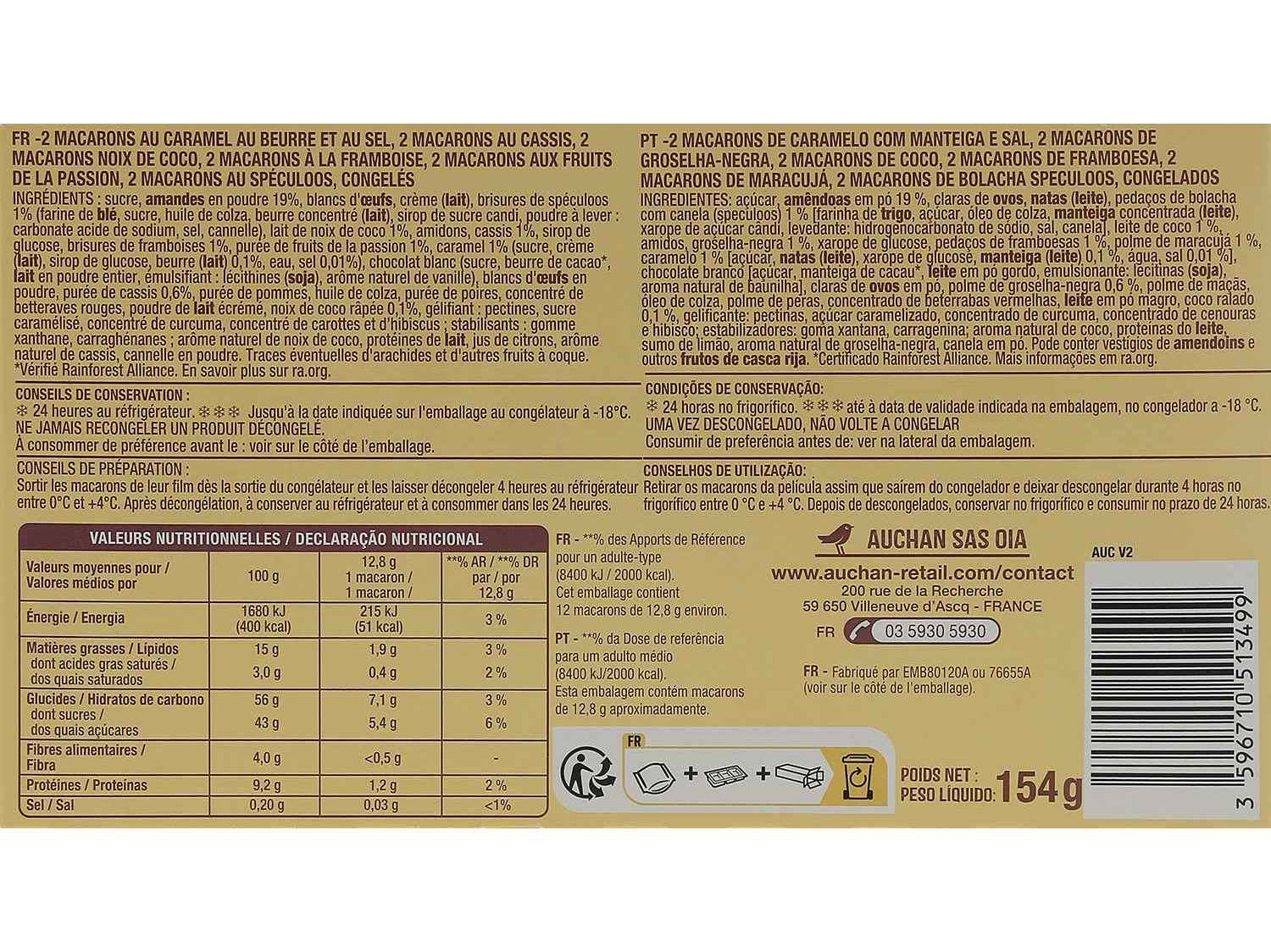 MACARONS AUCHAN SORTIDOS 12UN 154G